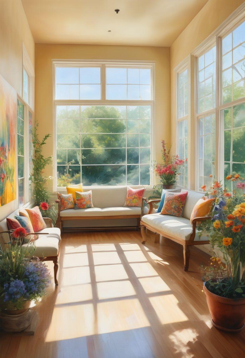 A serene art gallery filled with colorful paintings and sculptures, showcasing smiling visitors engaged in conversation and admiration. Sunlight streaming through large windows, creating a warm and inviting atmosphere, with soft, cheerful music notes subtly floating in the background. Include blooming flowers and comfortable seating areas for a peaceful vibe. watercolor painting. vibrant colors. natural light.