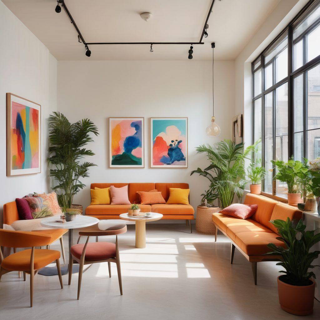 A serene art gallery flooded with natural light, showcasing vibrant, large-scale artworks that evoke happiness. Visitors of diverse backgrounds engage joyfully with the art, creating a warm atmosphere filled with laughter. Include potted plants and a small café area in the corner, enhancing the welcoming space. Modern design elements and an open layout convey a sense of cheerfulness and creativity. super-realistic. vibrant colors. natural lighting.